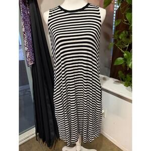 Timeand Tru Black White Striped Sleeveless Midi Dress Women’s Large Deep Pockets